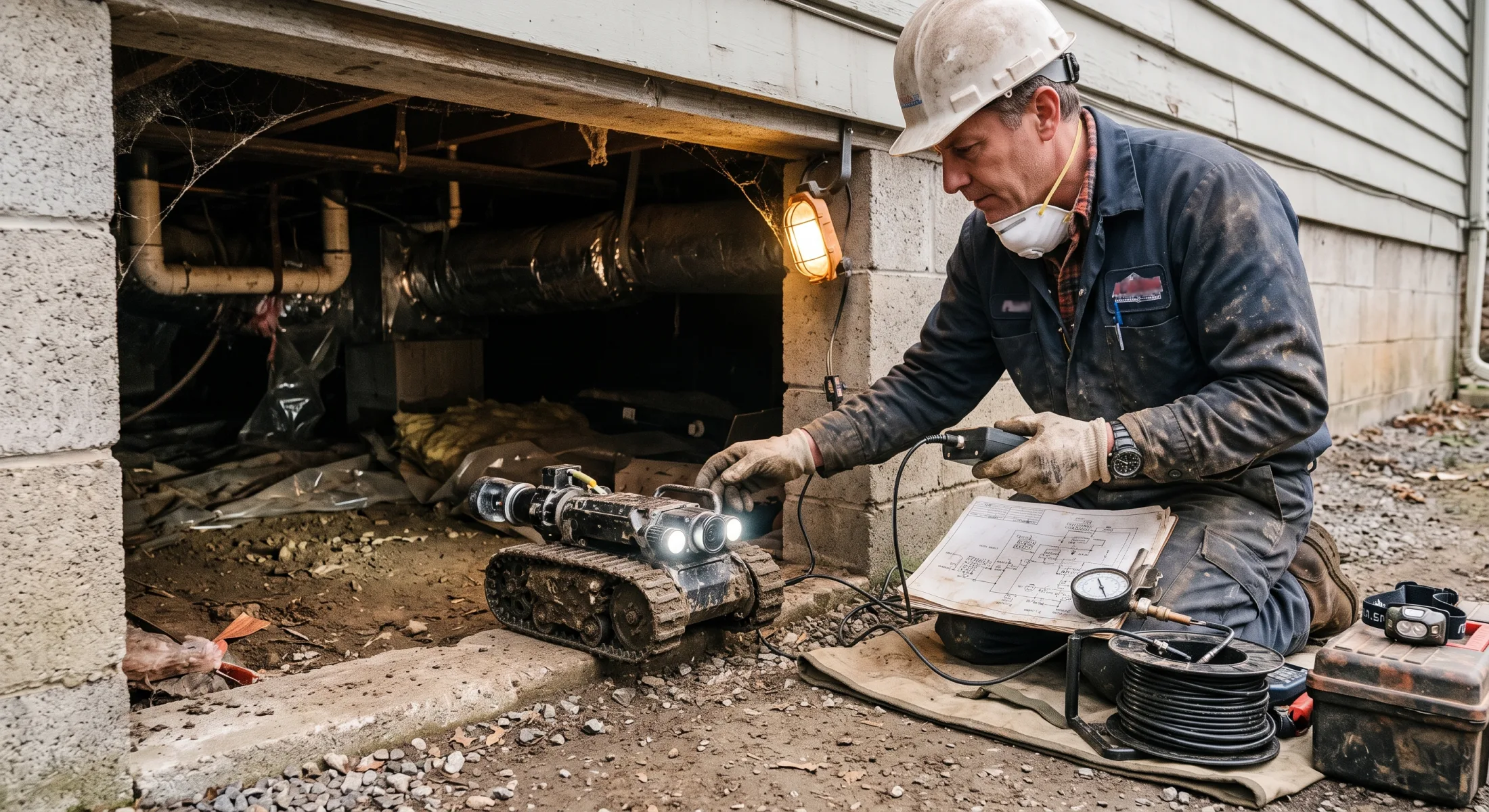 An HVAC technician directs a compact tracked inspection assistant into a cramped crawlspace from a safer position outside.