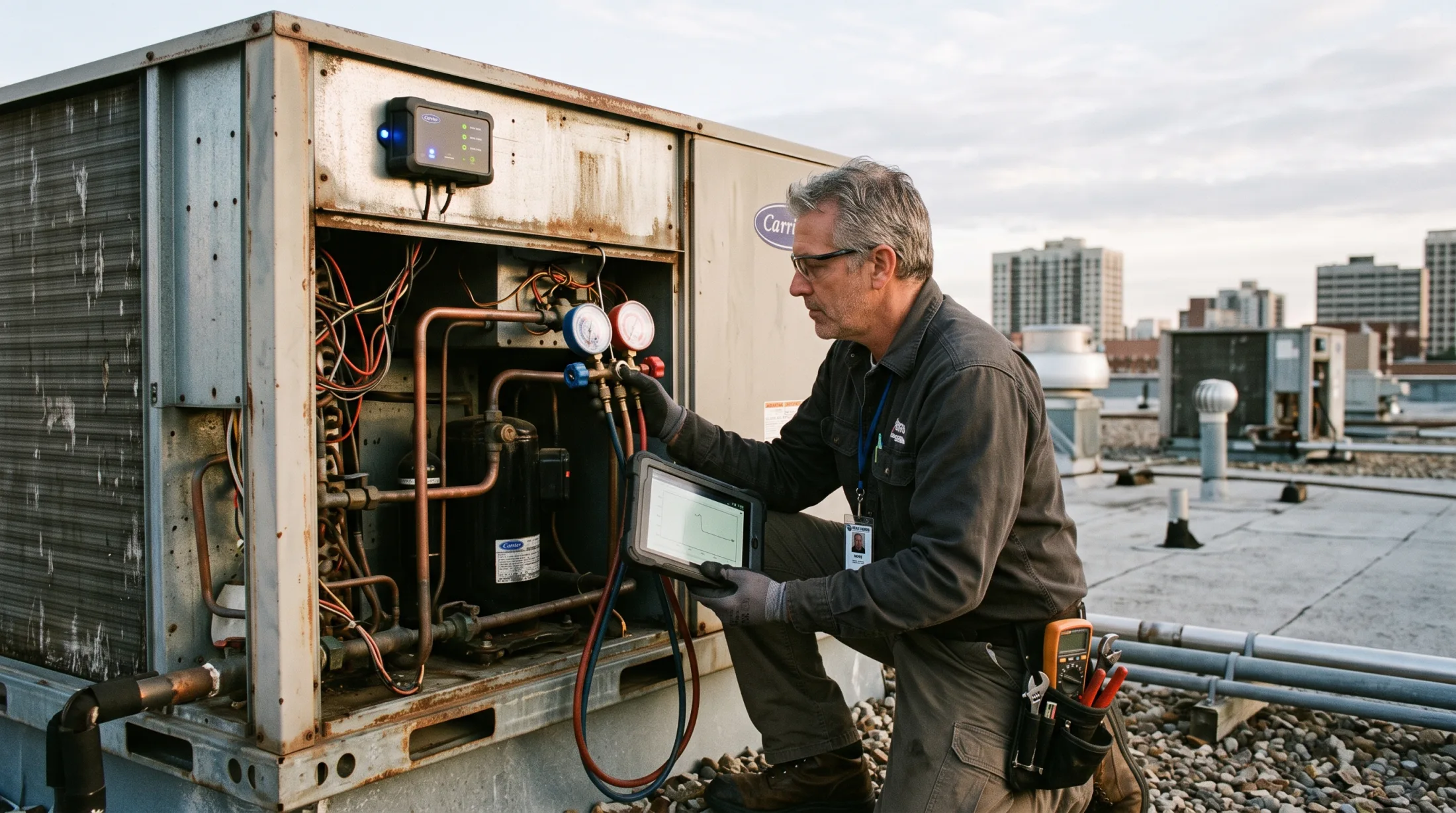 An experienced rooftop HVAC technician cross-checks embedded equipment diagnostics against physical gauges.