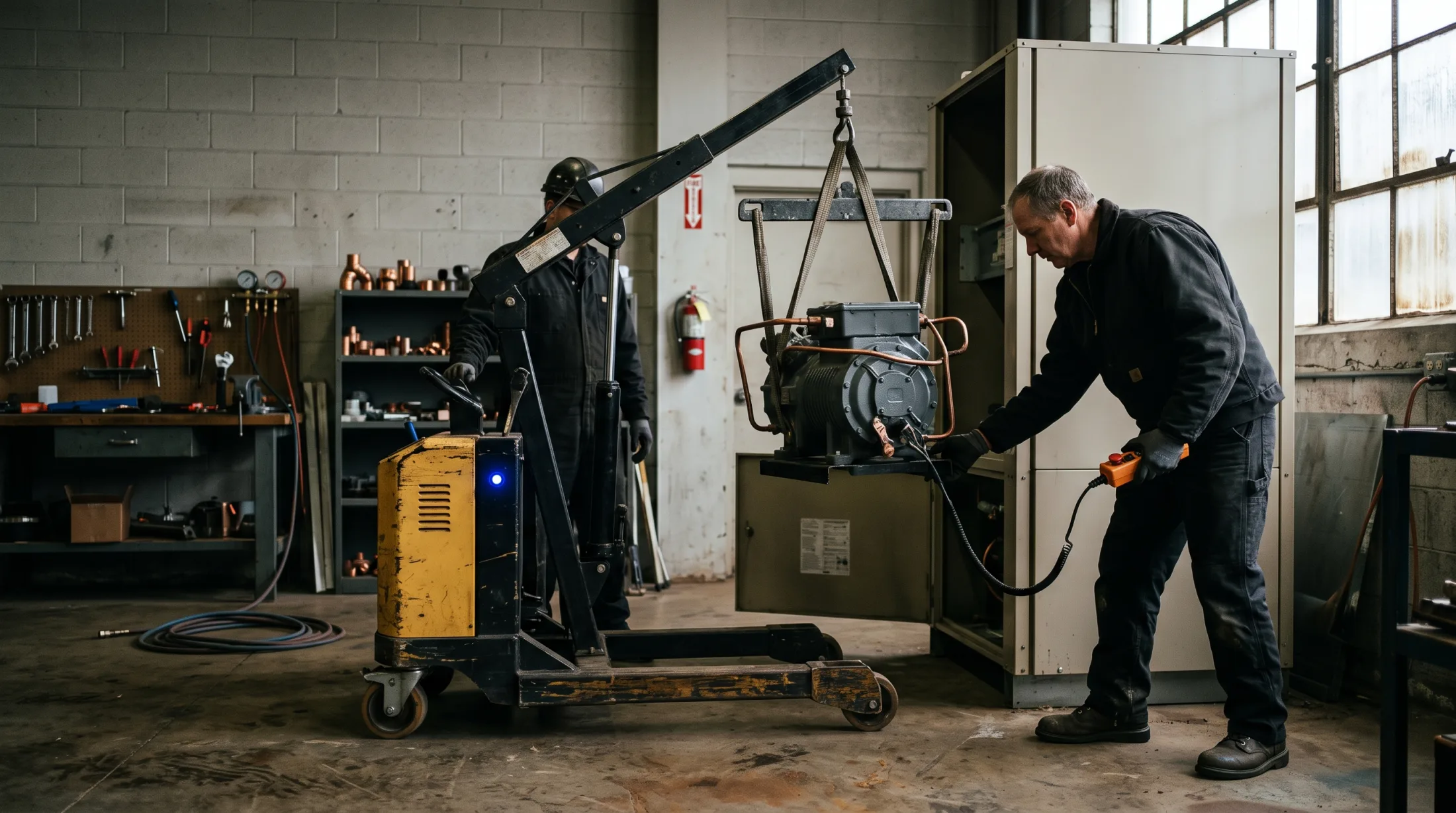 A technician controls a powered shop lift that carries a heavy HVAC compressor while another worker guides the placement.