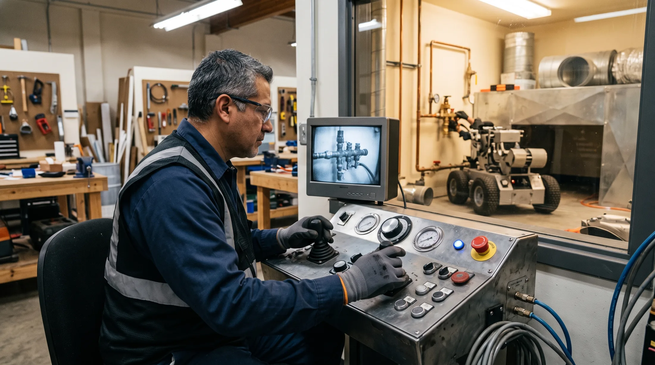 An experienced technician uses physical controls to supervise a compact robotic assistant in an HVAC training bay.