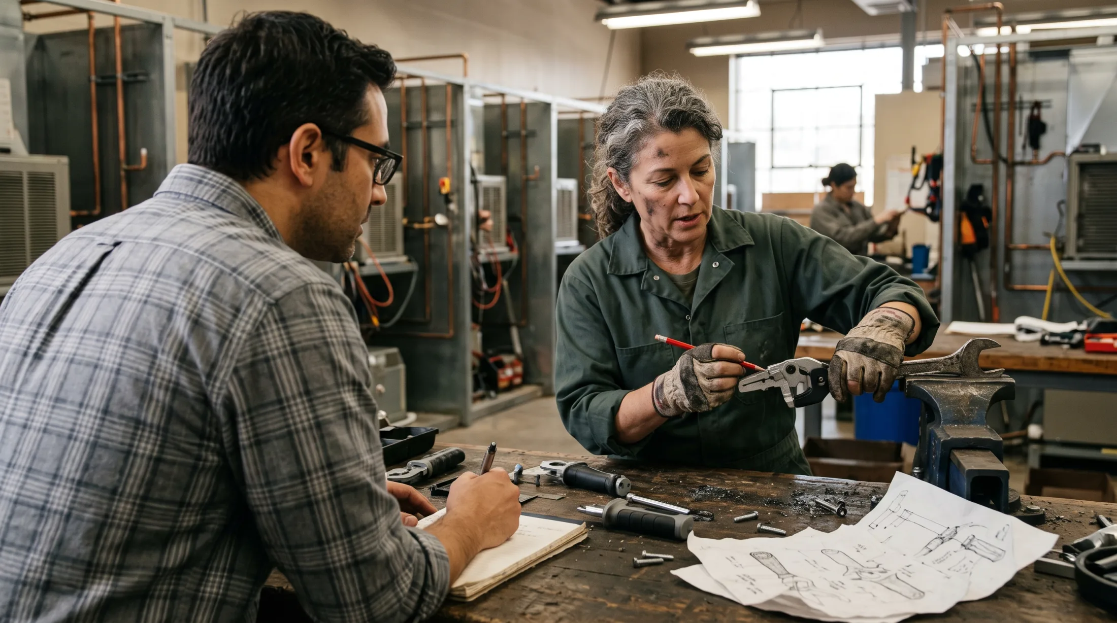 A veteran technician marks changes directly on a hand-tool prototype while an engineer listens and takes notes.